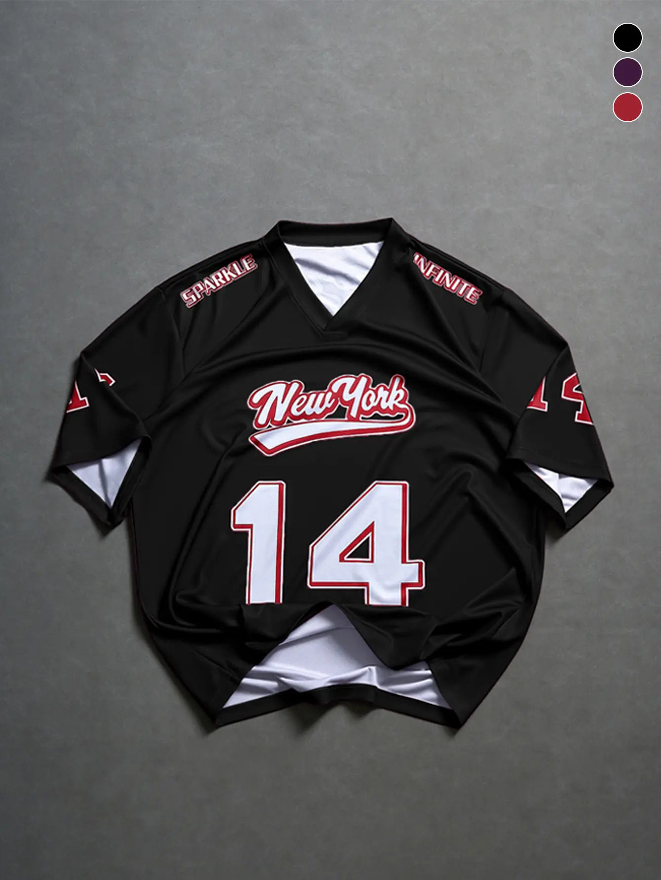 Men’s black jersey, size 14, printed American football design; street sports style, retro collegiate vibe; loose, breathable, clean fit; minimalist relaxed look; versatile for everyday wear; oversized fit; sporty style.