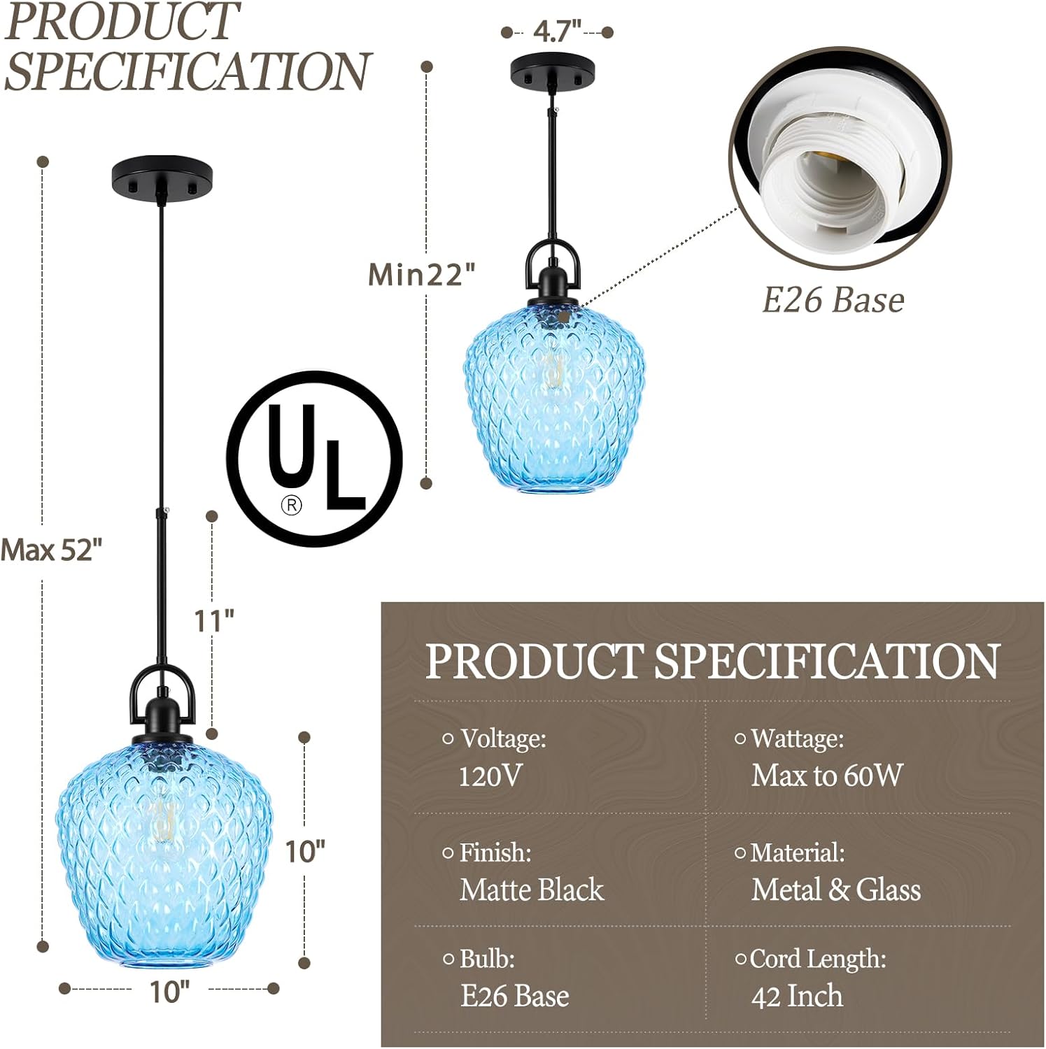 Large Glass Pendant Lights Kitchen Island, 10" 1-Light Black Fixtures with Blue Hammered Glass Modern Hanging Light for Kitchen Island Dining Room Entryway Foyer