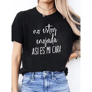 Women's Crewneck Short-Sleeve Tshirt, Spanish Letters Print, Light Beige Summer Womenswear, Washable Sports Top for Outdoor Activities