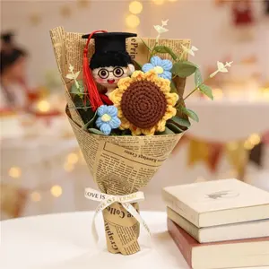 Handmade Braided Sunflower Artificial Flower Bouquet, DIY Crochet Floral Gift, Mother's Day Graduation Party Decoration