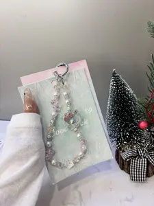 Cute Rhinestone Girly Lovely Phone Charm Beaded Wrist Strap for Phone Pearl Crystal Anti-Drop Lanyard Charm