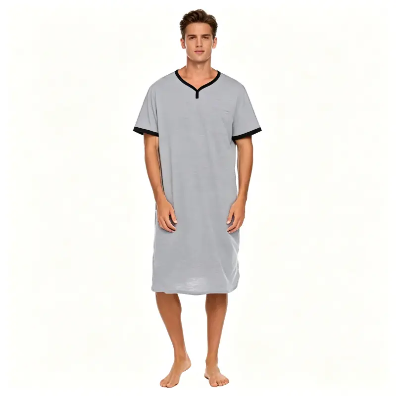 Men's Short Sleeve Thin Lengthened Loose Robe - Skin-Friendly, Stretchy Vintage Tropical Nightshirt for Loungewear, Sleepwear