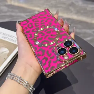 Luxury Leopard Print Shiny Square Edge Phone Case, Cover, Casing, Compatible with iPhone 16 15 14 13 Pro Max, Magnetic Wireless Charging Protection, Accessories