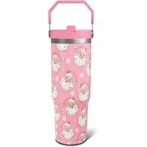 30oz Aesthetic Pastel Gothic Christmas Santa Claus Stainless Steel Thermal Insulated Tumbler Mug - Kitchenware Drinkware, Portable Water Bottle with Top Handle & Flip Straw, Indoor Coffee Cup, Ideal Holiday Birthday Gift for Girlfriend
