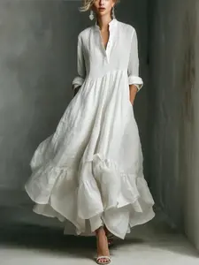 Women's Stand Collar Half Button Linen Vacation Maxi Dress, Roll Up Long Sleeve Ruffle Hem Loose Flowy Long Dress with Pockets