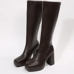 Women's High-Heeled Boots Y2K Style Knee High Platform Boots Side Zipper Block Heel Round Toe Party Footwear