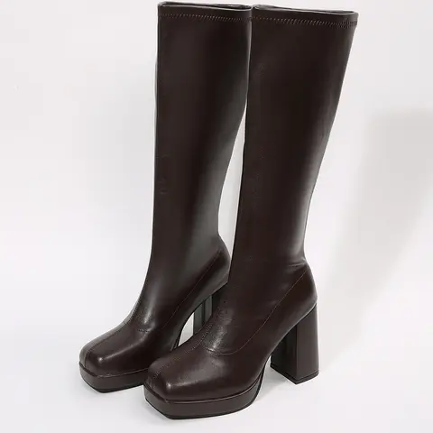 Women's High-Heeled Boots Y2K Style Knee High Platform Boots Side Zipper Block Heel Round Toe Party Footwear