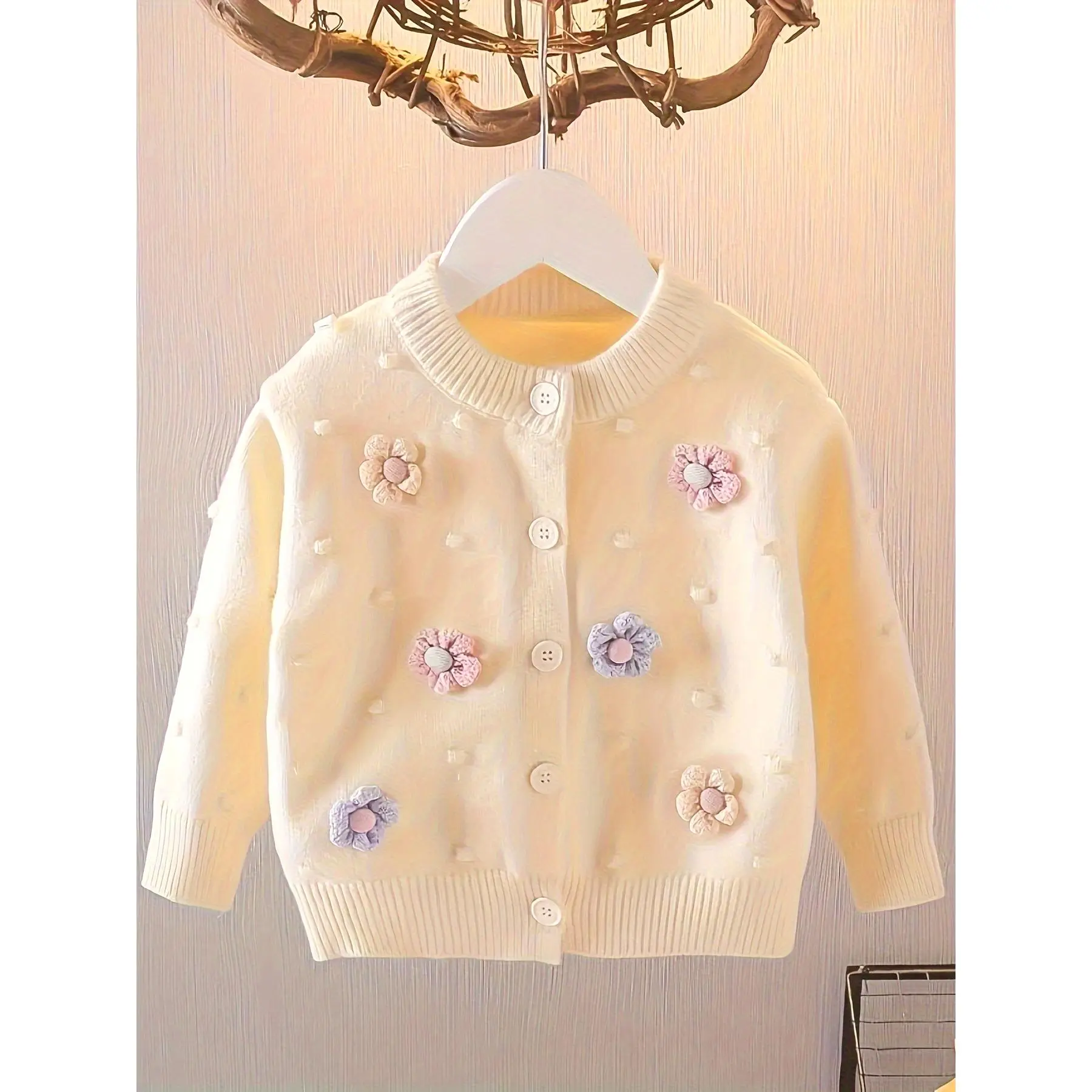Girls' Cotton Crew Neck Long Sleeve Cardigan Sweater - Child-Sized, Girly, Lovely, Embroidered Detail, Floral Print, Child-Sized Girls' Cardigans, Girly Girls' Cardigans