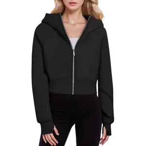 Women Zipper Crop Hooded Hoodie Long Sleeve Top Sweatshirts Gym Workout Ladies Casual Shirt Hooded Zip Crop Tops
