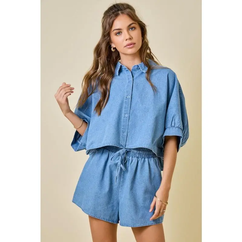 Light Denim Cropped Oversized Shirt & Short Set