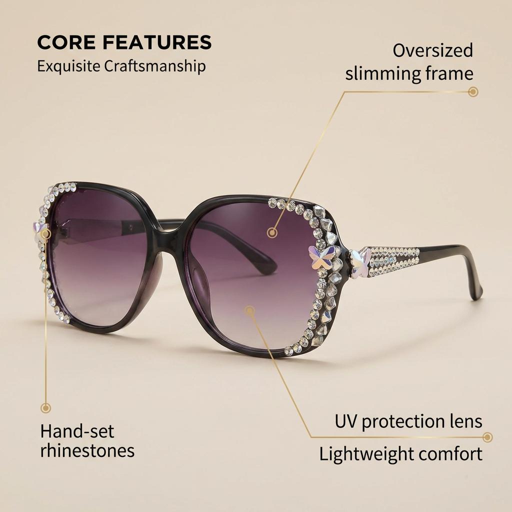1Pcs Fashion Oversized Rhinestone Sunglasses UV400 Protection Bling Crystal Fashion Eyewear with Gradient Anti-Glare Lenses [Does not include gift box]