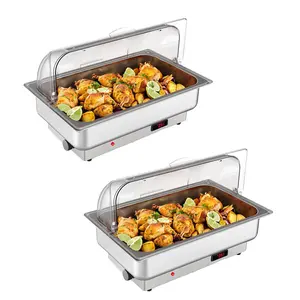 GARVEE Electric Chafing Dishes 2 Pack Buffet Set with 9 QT Full Size and Roll Top Design, NSF Certified Stainless Steel Food Warmers with Covers, Includes 1 Full-size Pan & 2 Half-size Pans for Events and Catering