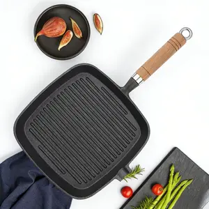 Heavy-Duty Cast Iron Grill Pan | 22cm Non-Stick Ridged Skillet | Wood Handle Heat Resistant | Oven & Stovetop Safe