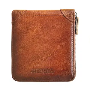 CILPHIA Men's Wallet Leather Short Anti-theft Swiping Zipper Multifunctional with Genuine Leather and Polyester Lining, Solid Color