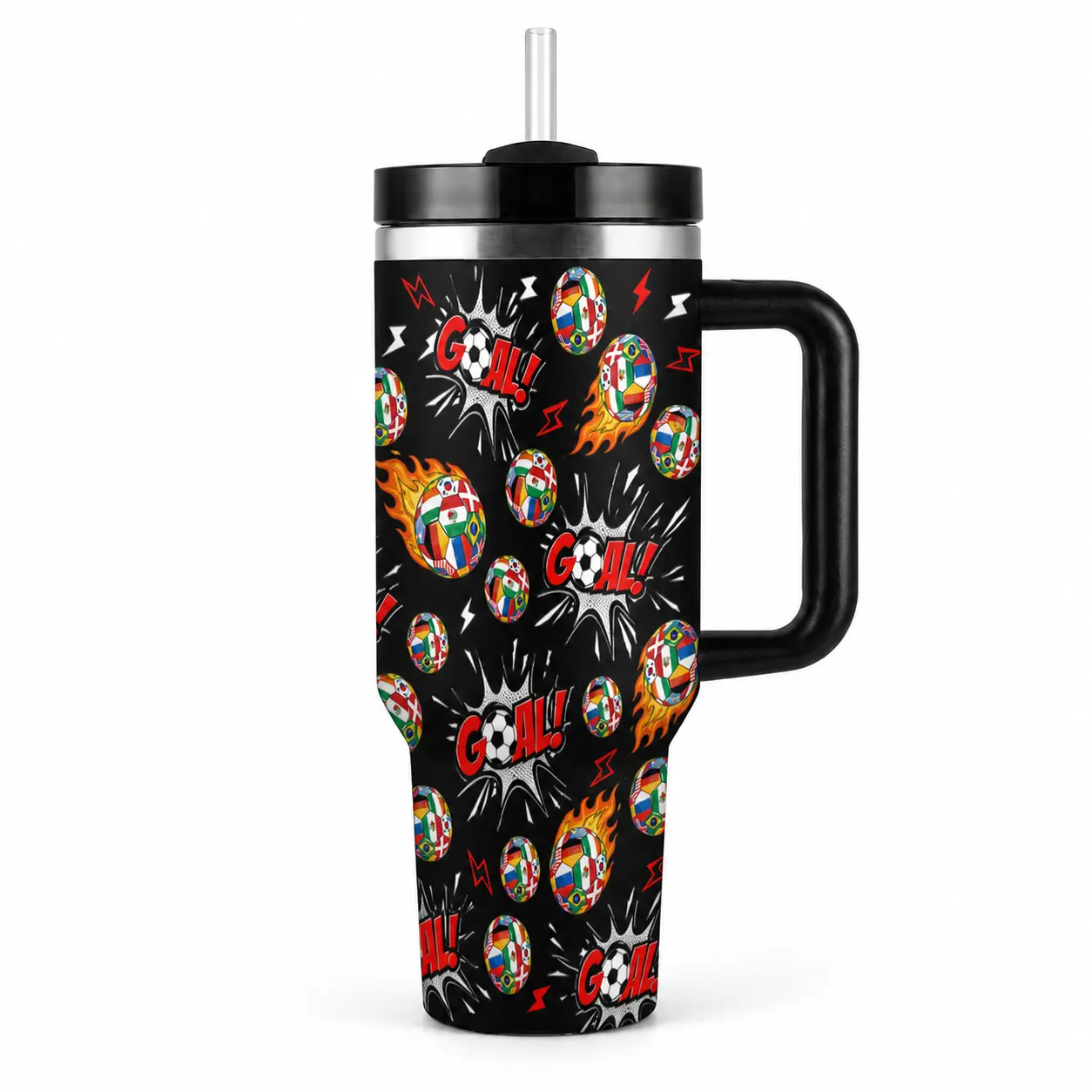 40 Oz Soccer Tumbler with Handle and Straw, Large Capacity Stainless Steel Vacuum Insulated Travel Mug, Double Wall Reusable Cup with Splash Resistant Lid, Cup Holder Friendly Sports Water Cup, Gift for Soccer Fans Men Women