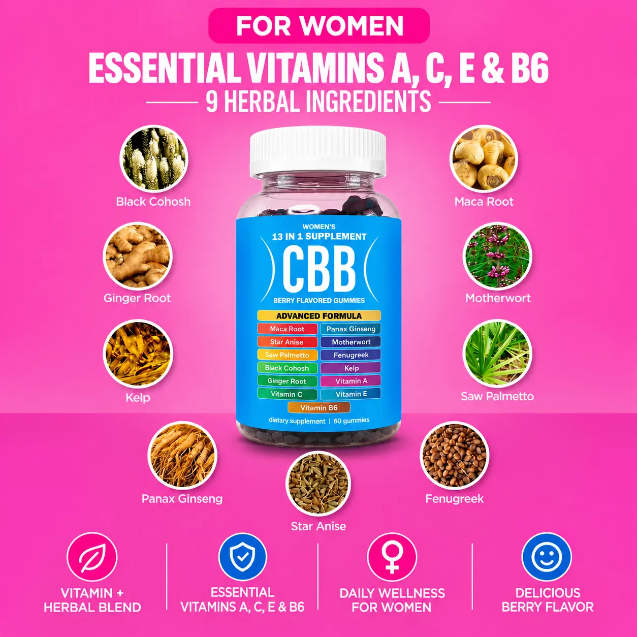 CBB Women’s All-in-1 Chewable Wellness Gummies - 9 Herbal Ingredients, Vitamins A,C,E & B6, Berry Flavor, 60 Count - Daily Vitamin Supplement, Edible Healthcare & Dietary Supplements for Women
