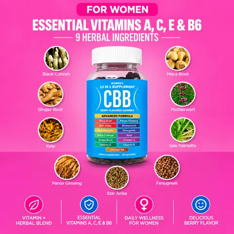 CBB Women’s All-in-1 Vegan Chewable Wellness Dietary Gummies - 9 Herbal Ingredients, Vitamins A,C,E,B6, Berry Flavor, 60 Count (1 Month Supply), Gluten-Free, Daily Fruit Gummies Blended Vitamins and Minerals Supplements for Women