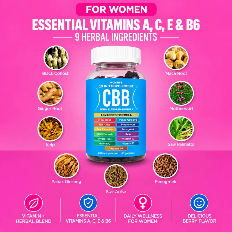 CBB Women’s All-in-1 Vegan Chewable Wellness Dietary Gummies - 9 Herbal Ingredients, Vitamins A,C,E,B6, Berry Flavor, 60 Count (1 Month Supply), Gluten-Free, Daily Fruit Gummies Blended Vitamins and Minerals Supplements for Women