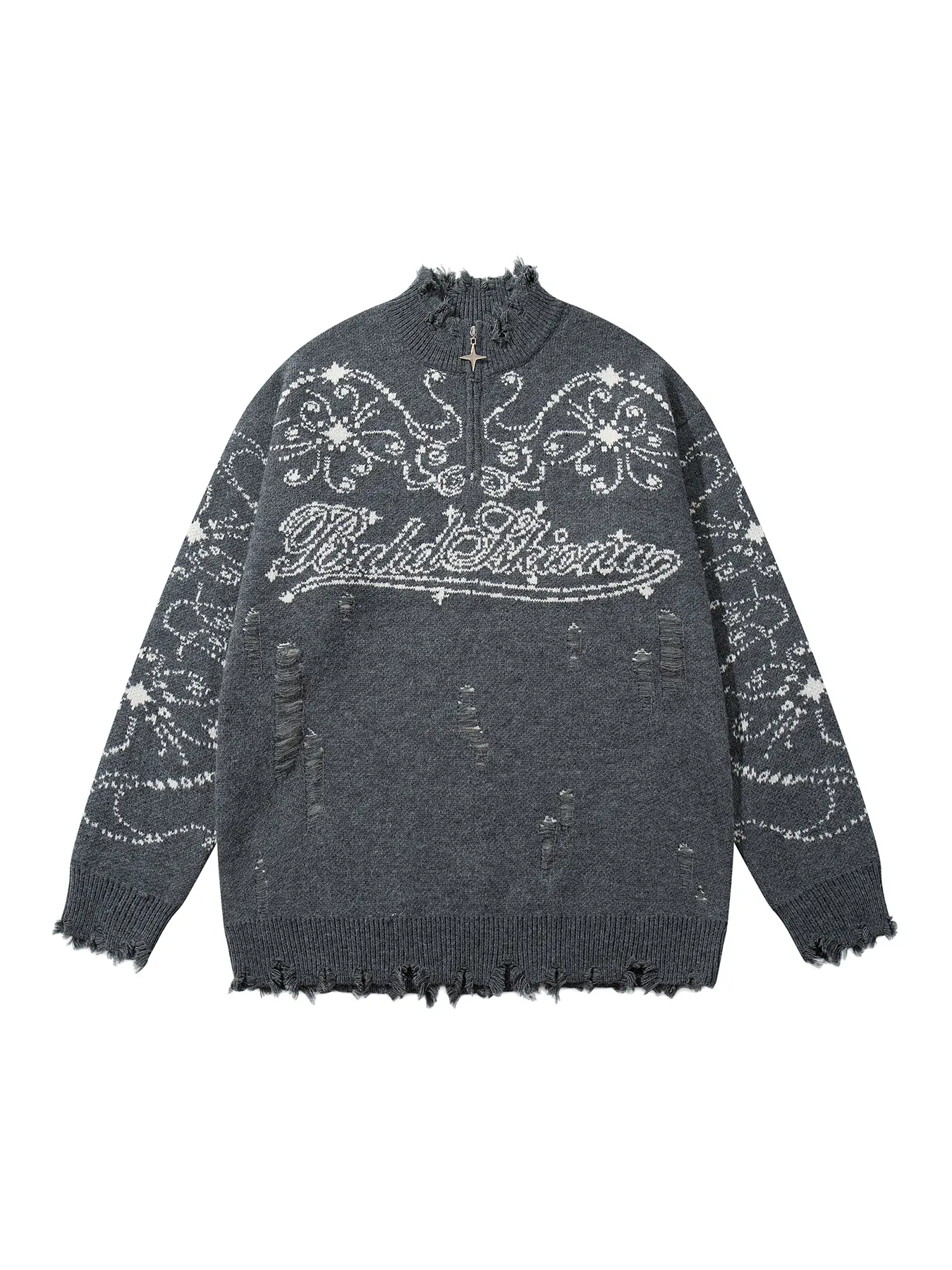 Men's High Street Dark Style Ripped Tassel Half-Zip Sweater, Fall Winter Fashion Casual Round Neck Knitwear, Trendy Versatile Pullover