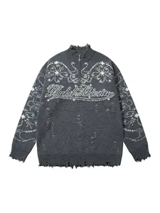 Men's High Street Dark Style Ripped Tassel Half-Zip Sweater, Fall Winter Fashion Casual Round Neck Knitwear, Trendy Versatile Pullover