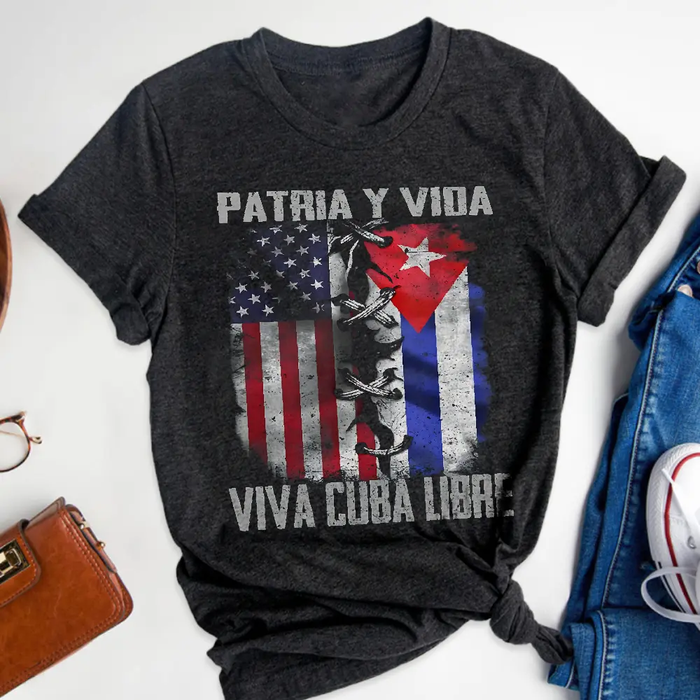 Unisex Vintage Cuban T-Shirt, Cotton Tee with Patria Y Vida Viva Cuba Libre Slogan, Breathable Casual Top for Daily Wear, Retro Style, Casual Short Sleeve T-shirt for Summer, Women's Top for Daily Wear Unisex Cotton T Shirts