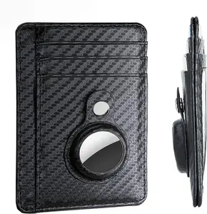 New Airtag Wallet - Genuine Leather RFID Slim Card Holder for Men, Carbon Fiber Design, Anti-Theft Slide Wallet