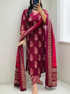 Elegant Pure Cotton Printed Kurti Set with Pant & Mulmul Dupatta Zari Mirror Work Festival Wear 60x60 Fabric 3 Piece Outfit