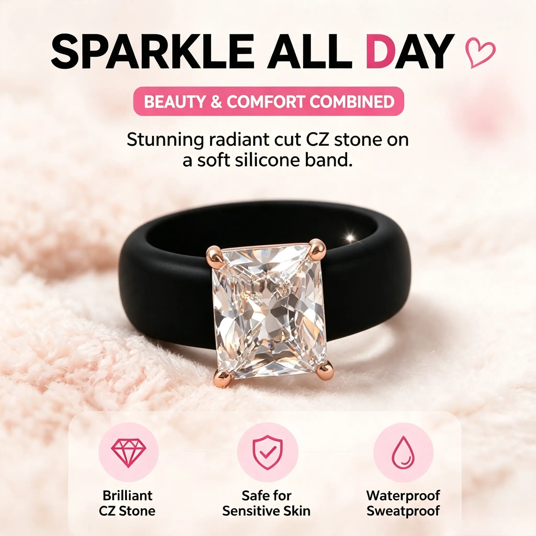 Women's Silicone Wedding Ring with Large Marquise Cut CZ Stone, Rose Gold Prong Setting, Comfortable Sport Band, Elegant Alternative Ring for Women