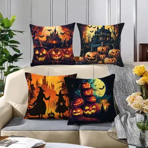 Halloween Themed Cushion Cover, 4 Counts/set Pumpkin & Ghost Pattern Cushion Cover without Filler, Household Decoration Supplies for Home Living Room Bedroom