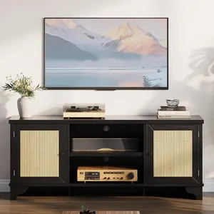 Garvee Rattan TV Stand for Living Room - Modern Wood Entertainment Center with Storage, Fits up to 70 Inch Screens, Boho Style Media Console Table in Black Finish