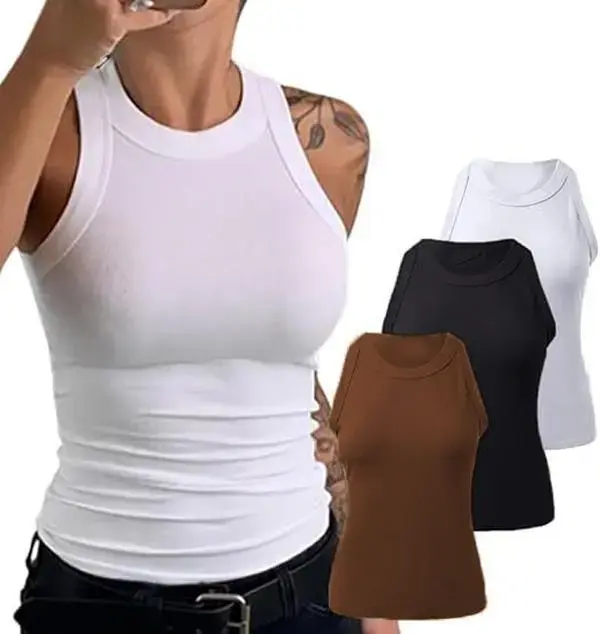 3/6 Pieces Women’s Tank Tops – Sleeveless Basic Camisole Shirts, Slim Fit, Knitted, Ribbed, Racerback Blouses sleek,  thick ribbed tank top summervibes,spaghetti