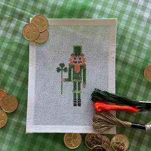 St Patrick’s Day Lucky Clover Nutcracker Hand Painted Needlepoint Canvas | Ornament Size | Green Craft
