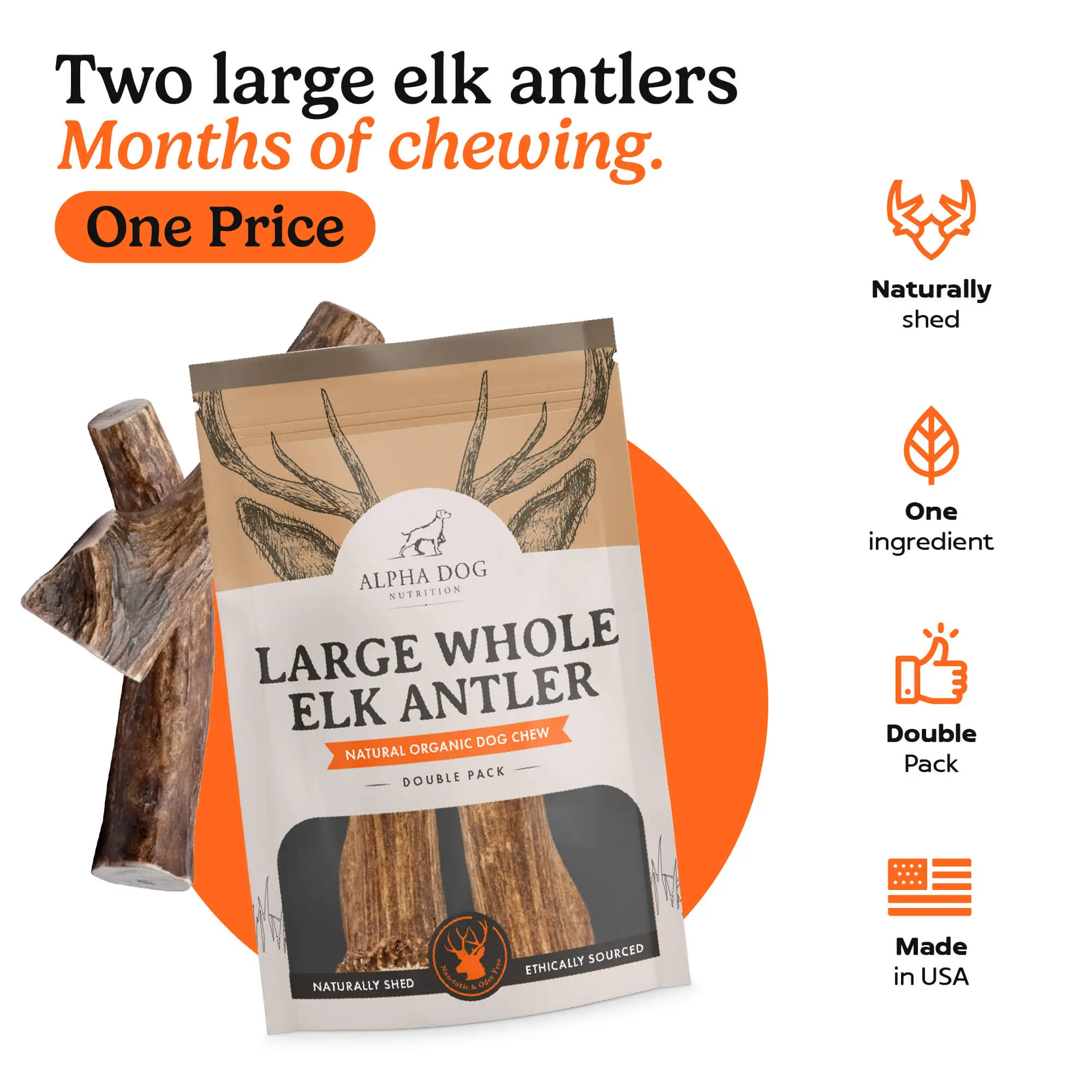 Alpha Dog Elk Antler Chews — Natural Long-Lasting Dog Chew for Aggressive Chewers — Wild Shed, USA Sourced — Cleans Teeth, No Rawhide, No Splinters — Whole & Split Available — All Breeds & Sizes