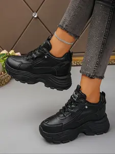 Women's Height Increasing Thick Sole Sports Shoes, Versatile Leather Surface Sneakers, Casual Fashion Footwear for Daily Wear, Thick Soled Sneakers