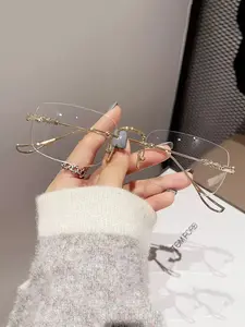 Women's Metal Rectangular Frameless Eyeglasses, High-End Luxurious Fashion Decorative Glasses, Trendy Casual Eyeglasses, Office Modern Design, Comfortable Fit, Minimalist Eyeglasses, Stylish Trendy Eyewear, Rimless Eyeglasses