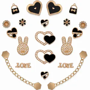 Women'S 20 Pcs Bling Shoe Charms - Sparkle Flower, Black Heart, Rabbit Clog Charms, Gold Chains for Clog Sandals, DIY Birthday Party Favor Accessories