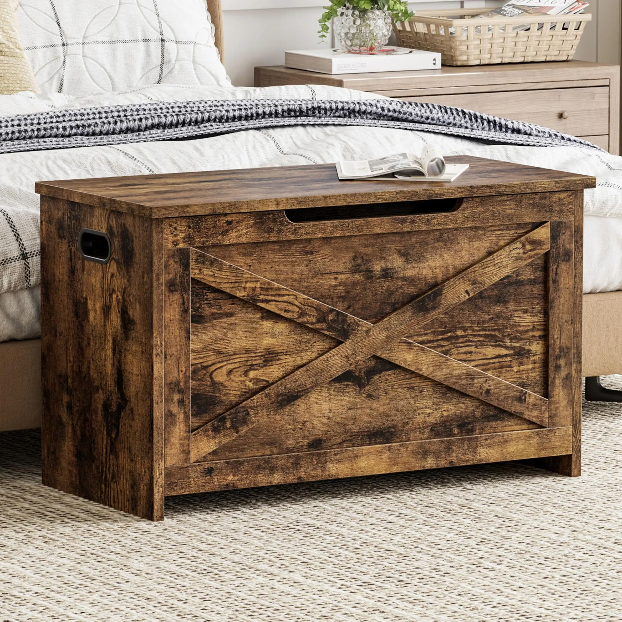 30-Inch Multipurpose Wooden Storage Bench - Multipurpose Furniture with Safety Hinges, Side Handles, Sturdy Indoor Organizer for Entryway, Bedroom