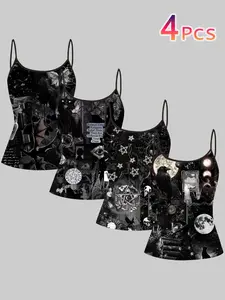 Gothic Dark Five-Pointed Star Witch Style Strappy Top, Summer Home Sleepwear Outerwear, Unique Slim-Fit Shirt Set of Four