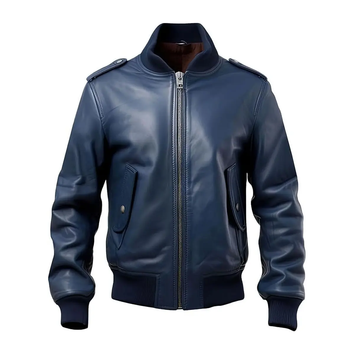 Men’s Navy Blue Genuine Sheepskin Stylish Baseball Zip-up Sporty Bomber Leather Jacket by Hide Crafts