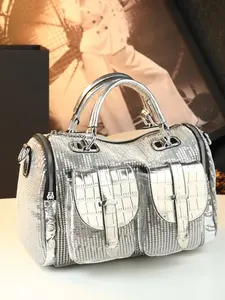Silver Color Sequin Crocodile Pattern Handbag for Women, High-End Glossy Boston Bag, Large Capacity Shoulder Crossbody Bag, Fashionable Commute Party Evening Bag