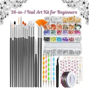 36-in-1 Nail Art Kit for Beginners – Professional Brush & Dotting Tool Set with Rhinestones, Pearls, Foil Flakes, Striping Tape & Butterfly Nail Stickers | DIY & Salon Manicure Tools Black