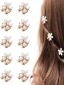 Cute Flower Design Mini Hair Claws, 10pcs Faux Pearls Decor Claw Clips, Hair Claws Set, Super Cute Clips, Fashionable Hair Accessories for Women & Girls, Minimalist Headwear Suitable for Thick Hair