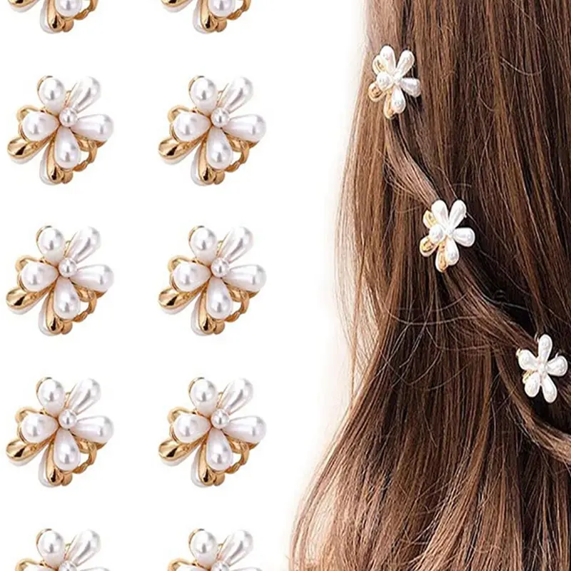 Cute Flower Design Mini Hair Claws, 10pcs Faux Pearls Decor Claw Clips, Hair Claws Set, Super Cute Clips, Fashionable Hair Accessories for Women & Girls, Minimalist Headwear Suitable for Thick Hair