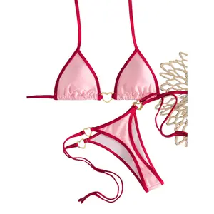 Spring Summer New Contrast Trimmed Bikini Set, Halter Tie Heart-Shaped Ring Buckle Decor Cute Beach Vacation Outfit