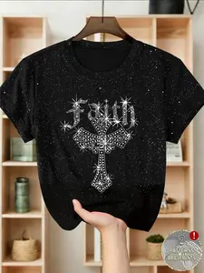 Summer Silver Color Sequin T-Shirt, Y2K Style Gothic Font Cross Print, Slim-Fit Short Sleeve Top, Casual All-Season Women's Clothing