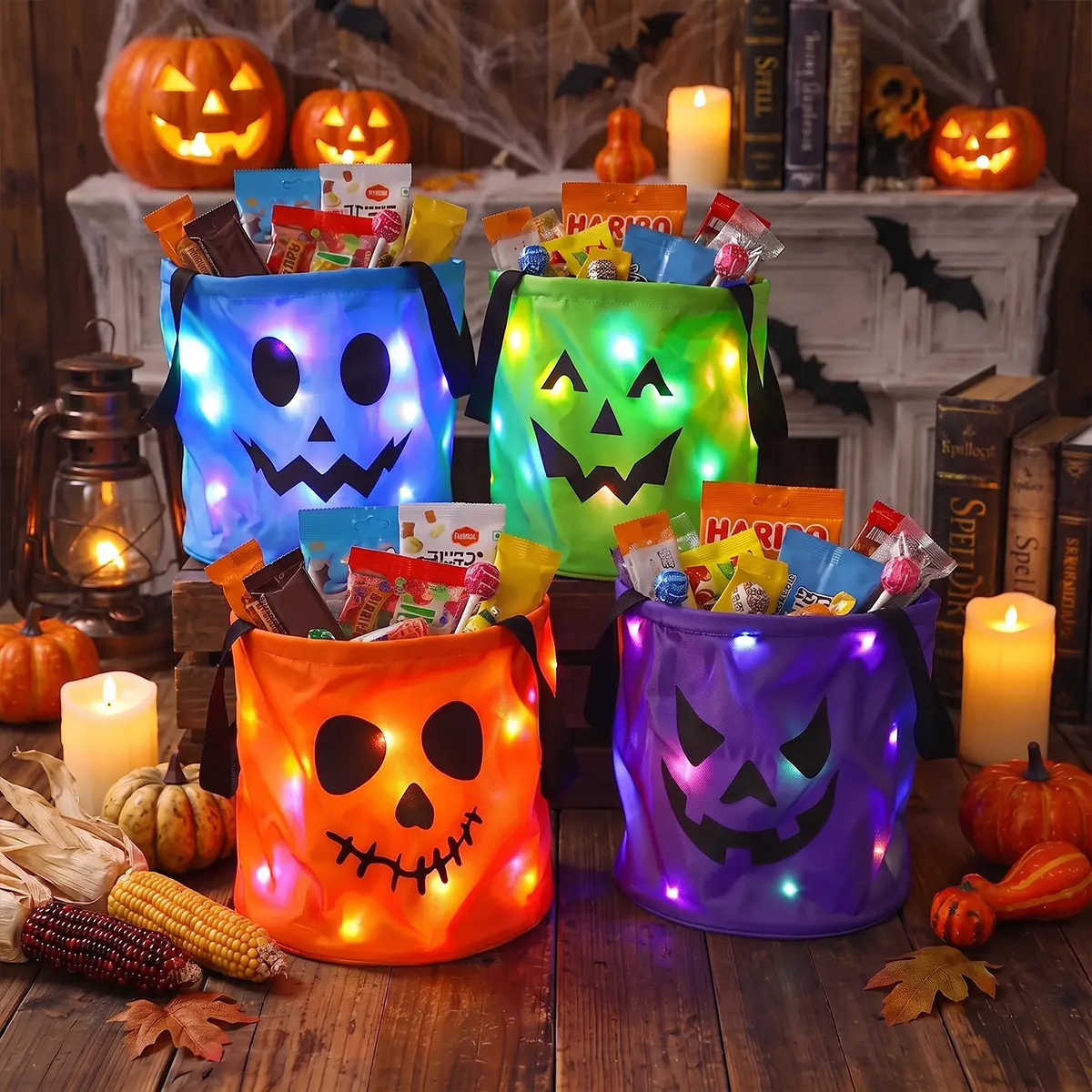 Halloween LED Glow Pumpkin Trick or Treat Bag, Reusable Light Up Candy Bucket, Spooky Portable Halloween Party Treat Basket for Kids Party Favor Supplies & Gifts
