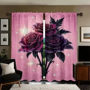Rose Bouquet Print Curtains Set, Home Decoration Curtain, Fashionable Rod Pocket Window Drapes for Bedroom & Living Room, Comfortable Atmosphere, Easy Installation