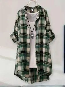 Plus Size Women's Plaid Shirt, Loose Mid-Length Layered Open Front Cardigan, Casual Lazy Style Sun Protection Top, Spring & Fall Fashion