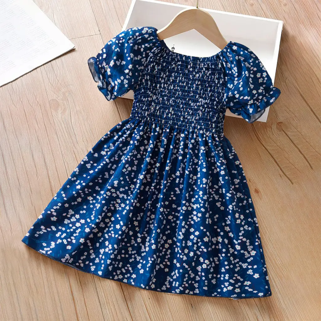 Summer Floral Dress for Girls Francen Style Holiday Casual Smacked Dresses Puff Sleeve Sweet Girls Bohemia Vacation Dress
