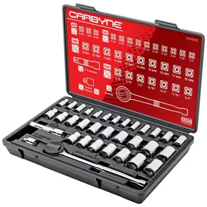 CARBYNE 34 Piece 1/4" & 3/8" Drive Socket & Ratchet Set, SAE & Metric. Includes Metric 6 to 18mm, SAE 5/32" to 3/4". 6 & 12 Point. Cr-V Steel • From a Family-Run Tool Company Based in the U.S.A.